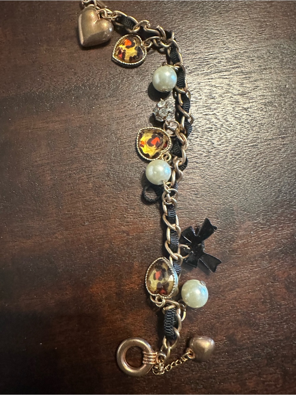 Gold-Tone Charm Bracelet with Leopard Print and Pearl Accents
